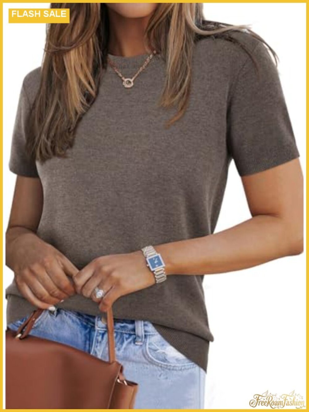 Wool Blend Short Sleeve Sweater Pullover Crew Neck Loose Fit Business Casual Top